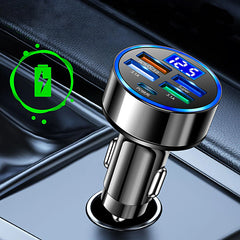 250W LED Autolader | 5-Poorts Snellader | USB-C & QC3.0 | Voor iPhone, Samsung & Meer